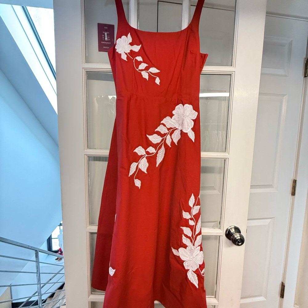 Fanm Mon Midi Red Dress with White Embroidered Accents